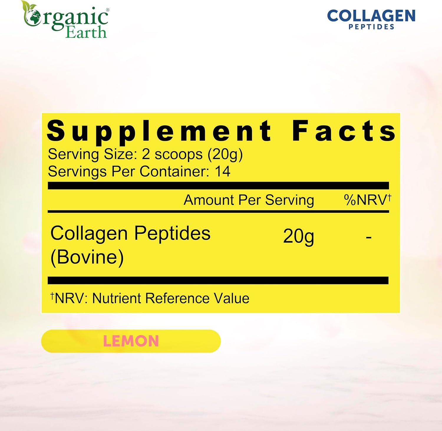 Organic Earth Collagen Peptides Lemon 20g Hydrolysed Collagen - 284g
