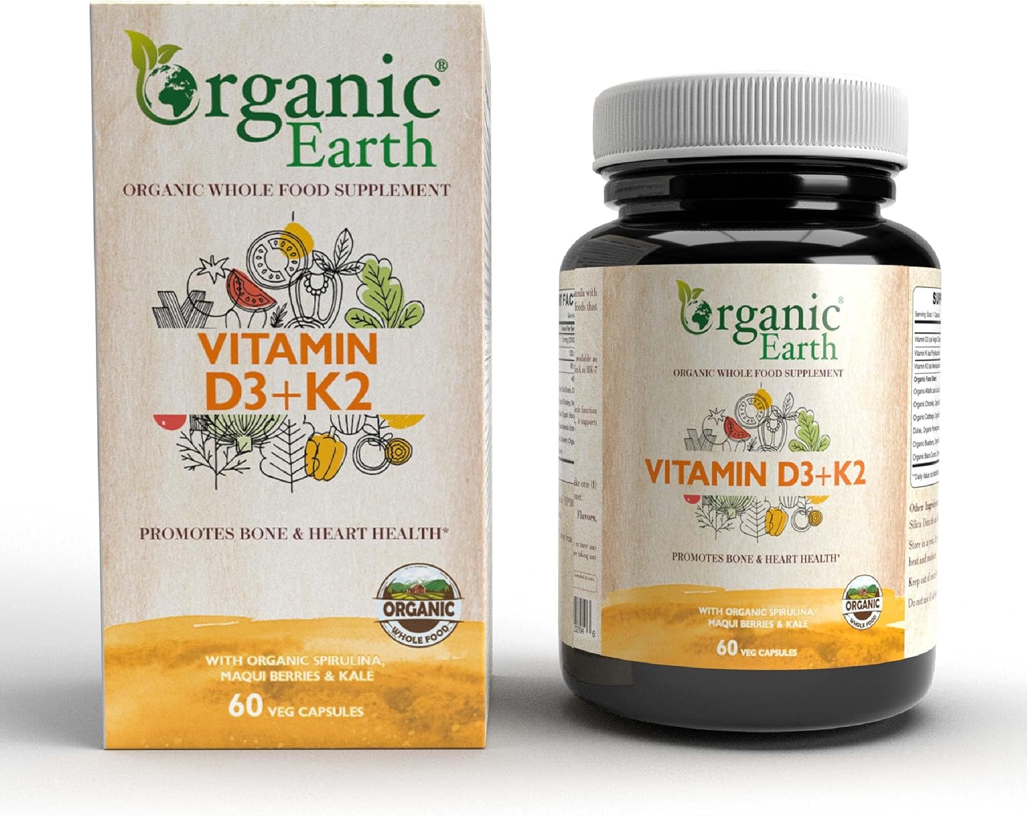 Organic Earth Vitamin D3 + K2  Supports Bone and Immune Health - 60 Capsules