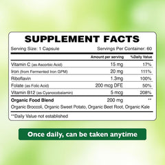 Organic Earth Iron with B12, Folate, and Vitamin C - 60 Capsules